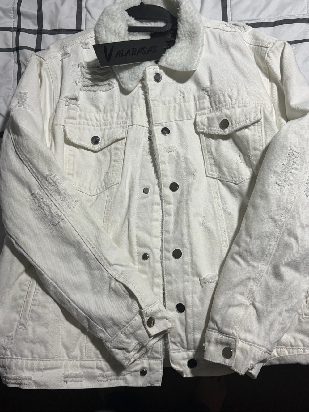 White Sherpa-Trim Distressed Shirt Jacket